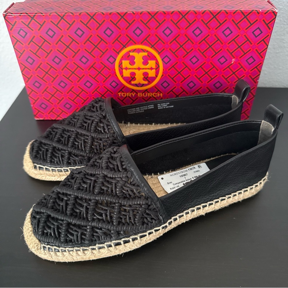 NEW Tory Burch Everly Black Leather Crochet Espadrille Flat Slio On - Picture 2 of 13